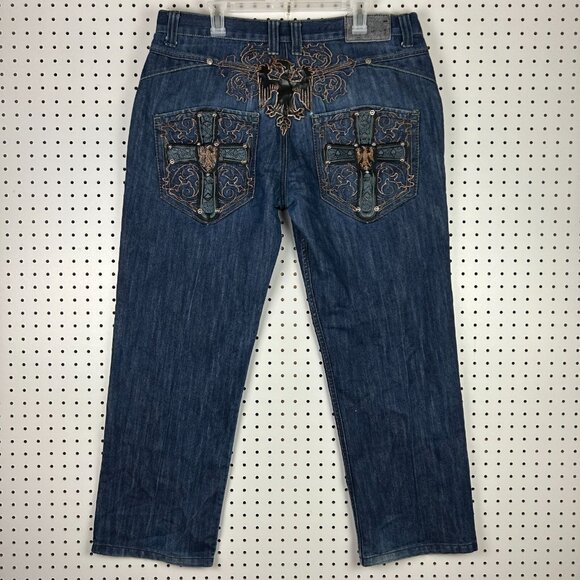 Delf‎ Trading Imperious Y2K Baggy Gothic Jeans 38x32 Cross Stitched Studded Blue - Picture 1 of 8